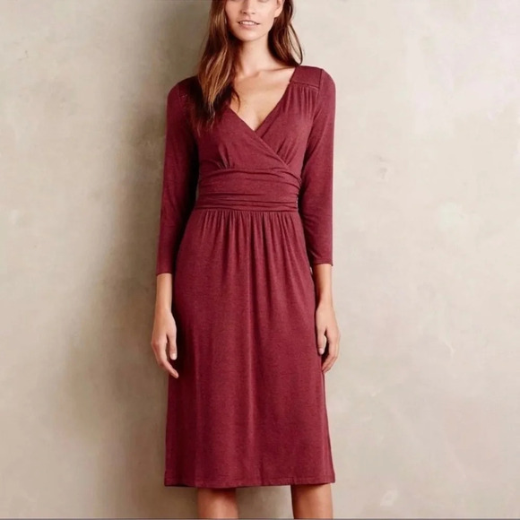 Maeve Anthropologie Galena Burgundy Jersey Knit Midi Dress Womens Size XSmall - Picture 1 of 13